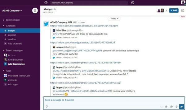 Slack and Twitter Integration screen