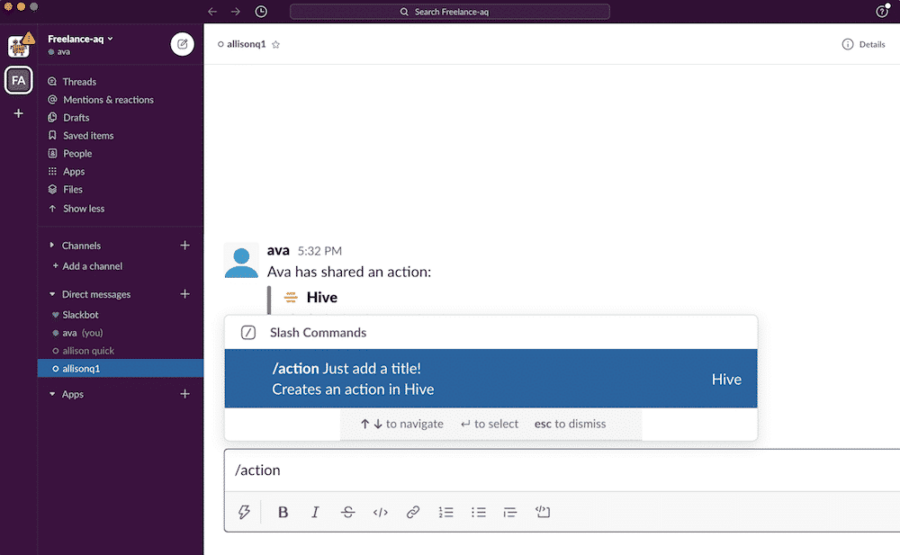 Slack and Hive integration screen