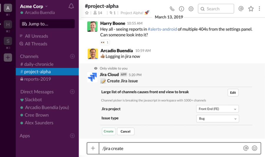 Slack and Jira Integration screen