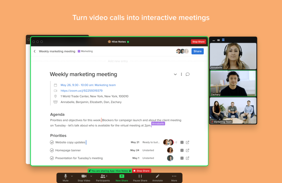 Zoom Agenda and Hive Notes screen