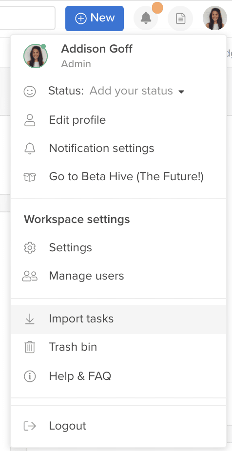 import tasks dropdown