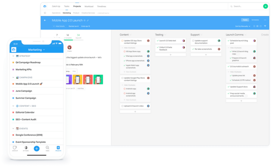 Flow project management software dashboard view on mobile and desktop