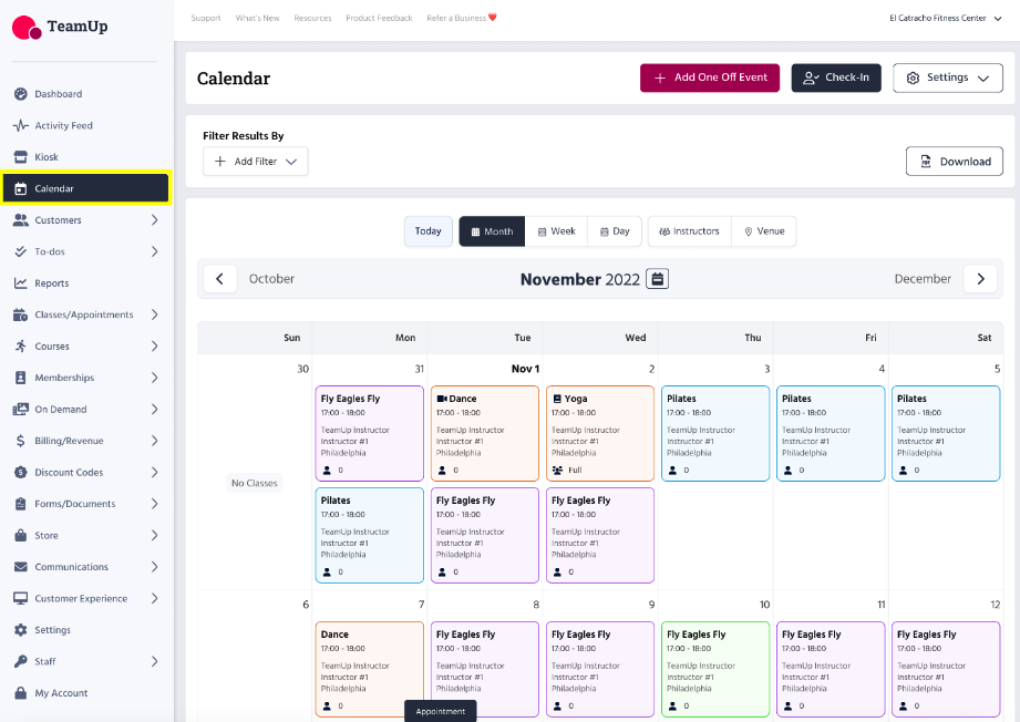 TeamUp dashboard